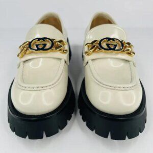 Gucci Jeanne GG Logo Chain Cordovan Lux Moc Toe Platform Loafers Size EU 39